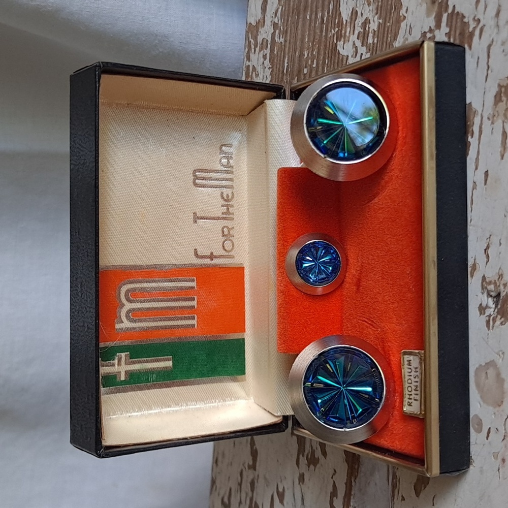 Vintage Blue Wheel Cufflink and Tietack Set